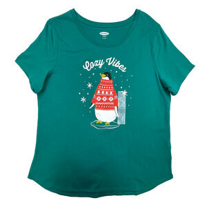 Old Navy Cozy Vibes Penguin EveryWear Graphic Tee Sz L New Green Holiday T-Shirt